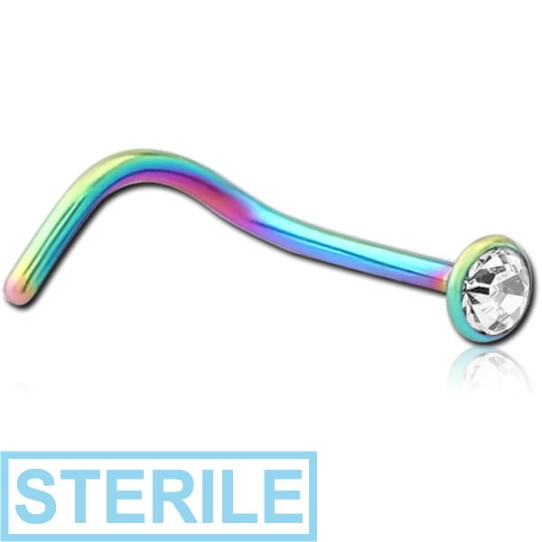 STERILE RAINBOW PVD COATED SURGICAL STEEL HIGH END CRYSTAL JEWELLED CURVED NOSE STUD