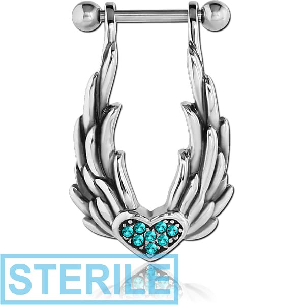 STERILE SURGICAL STEEL JEWELLED CARTILAGE SHIELD - HEART WITH WINGS
