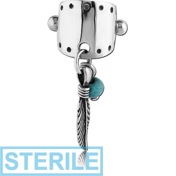 STERILE SURGICAL STEEL JEWELLED CARTILAGE SHIELD - DANGLING FEATHER