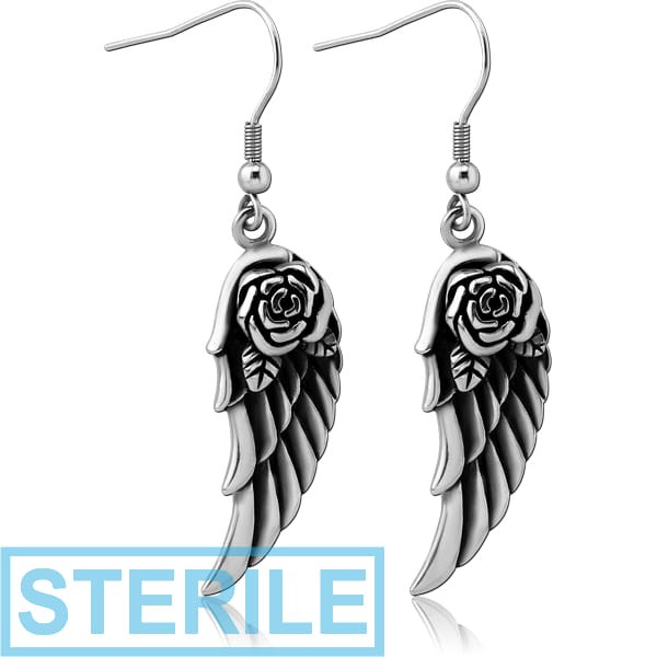 STERILE SURGICAL STEEL EARRINGS PAIR - WINGS AND ROSE