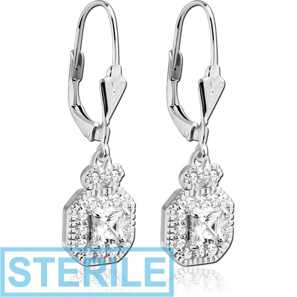 STERILE SURGICAL STEEL JEWELLED EARRINGS PAIR - OCTAGON