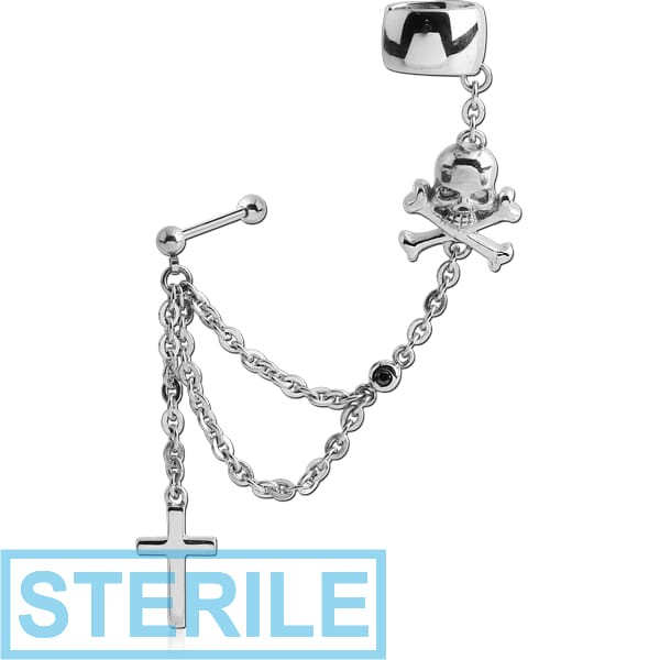 STERILE SURGICAL STEEL JEWELLED EAR CUFF CHAIN WITH CROSSBONES SKULL AND CROSS