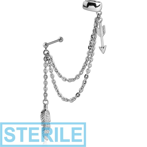 STERILE SURGICAL STEEL EAR CUFF CHAIN WITH FEATHER AND ARROW