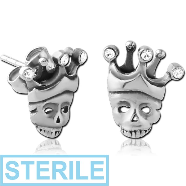 STERILE SURGICAL STEEL EAR STUDS PAIR - SKULL WITH CROWN