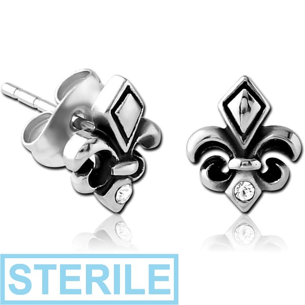 STERILE SURGICAL STEEL JEWELLED EAR STUDS PAIR - FLEUR DE LIS