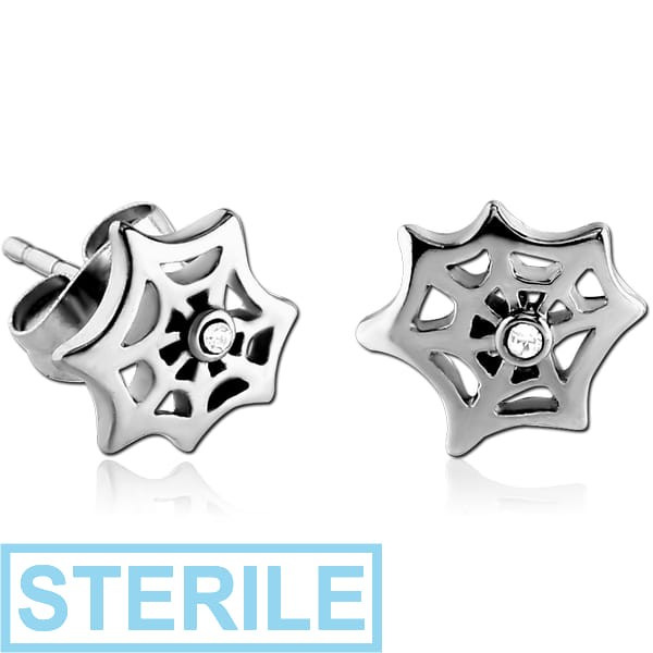 STERILE SURGICAL STEEL EAR STUDS PAIR - SPIDER WEB