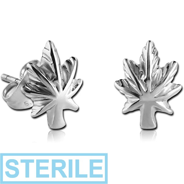 STERILE SURGICAL STEEL EAR STUDS PAIR - MARIJUANA LEAF