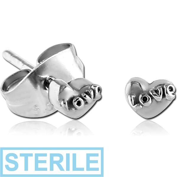 STERILE SURGICAL STEEL EAR STUDS PAIR - HEART WITH LOVE