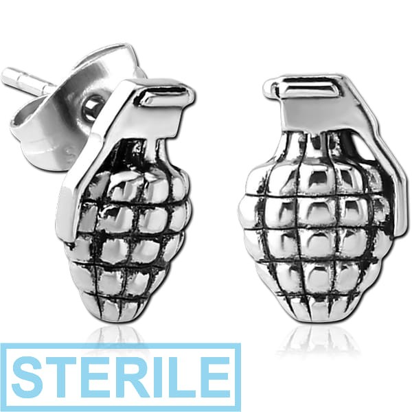 STERILE SURGICAL STEEL EAR STUDS PAIR - GRENADE