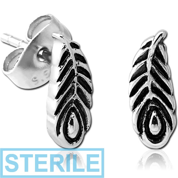 STERILE SURGICAL STEEL EAR STUDS PAIR - FEATHER