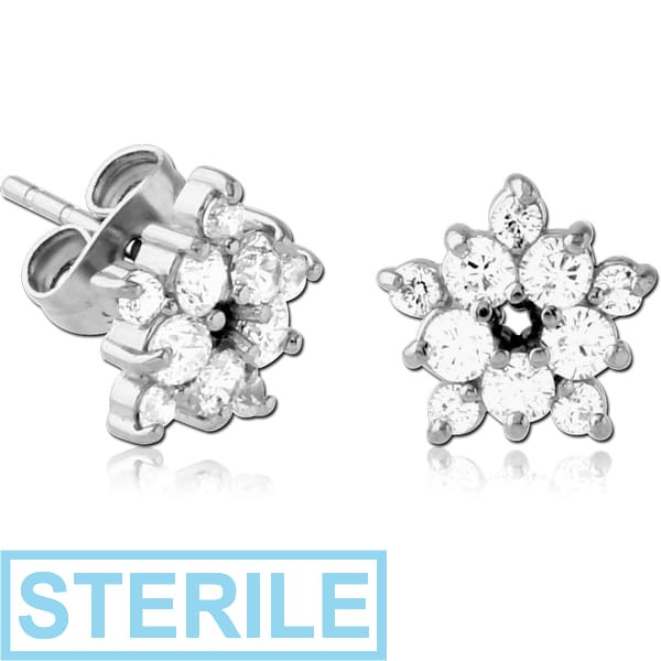 STERILE SURGICAL STEEL JEWELLED EAR STUDS PAIR - FLOWER