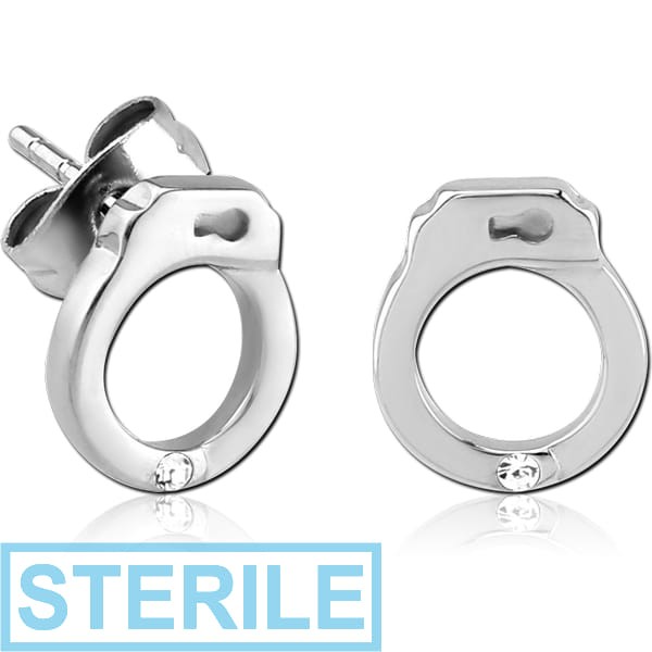 STERILE SURGICAL STEEL JEWELLED EAR STUDS PAIR - HANDCUFFS
