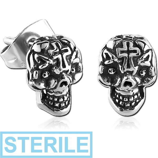 STERILE SURGICAL STEEL EAR STUDS PAIR - FANCY SKULL
