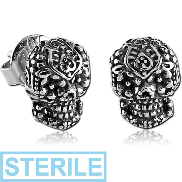 STERILE SURGICAL STEEL EAR STUDS PAIR - FANCY SKULL