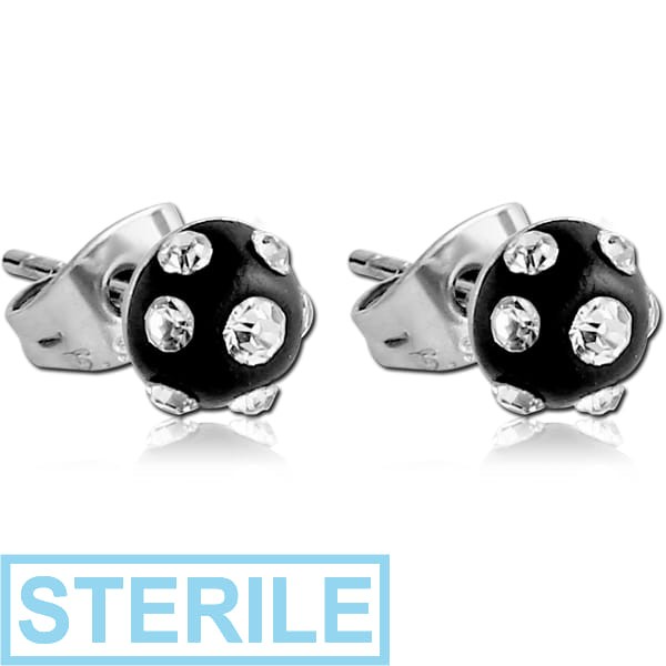 STERILE SURGICAL STEEL VALUE JEWELLED EAR STUDS PAIR WITH ENAMEL - HALF BALL