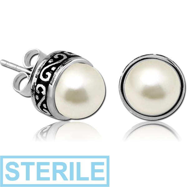 STERILE SURGICAL STEEL EAR STUDS WITH SYNTHETIC PEARLS PAIR