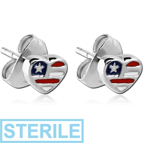 STERILE SURGICAL STEEL EAR STUDS PAIR - HEART USA FLAG