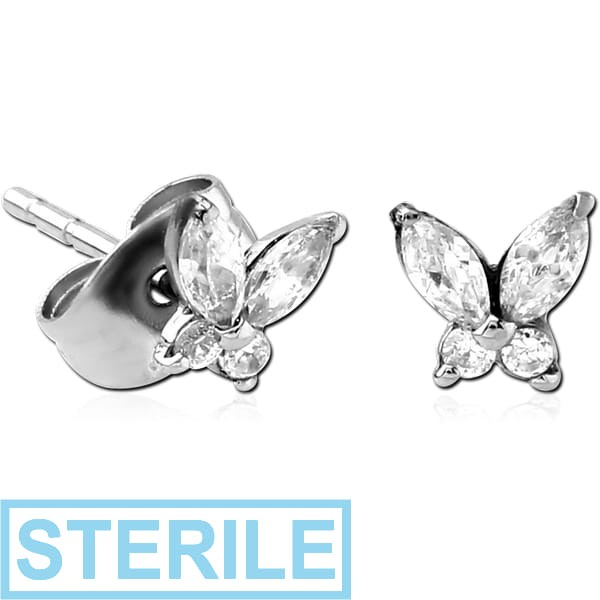 STERILE SURGICAL STEEL JEWELLED EAR STUDS PAIR - BUTTEFLY