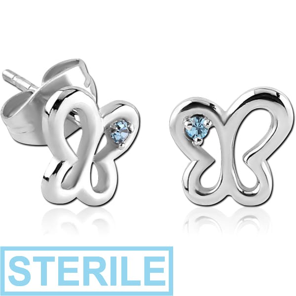 STERILE SURGICAL STEEL JEWELLED EAR STUDS PAIR - BUTTERFLY