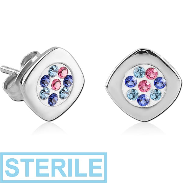 STERILE SURGICAL STEEL CRYSTALINE JEWELLED EAR STUDS PAIR - RHOMBUS
