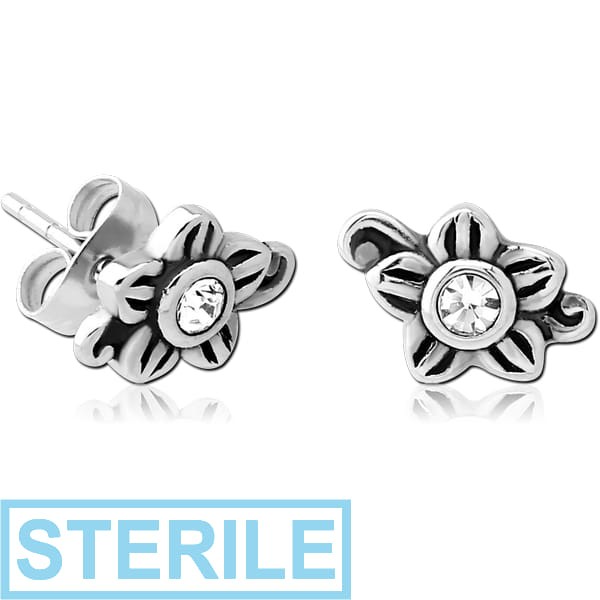 STERILE SURGICAL STEEL JEWELLED EAR STUDS PAIR - FLOWER