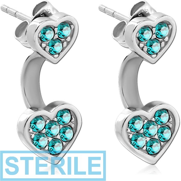 STERILE SURGICAL STEEL JEWELLED BACK EARRINGS WITH STUD PAIR - HEART