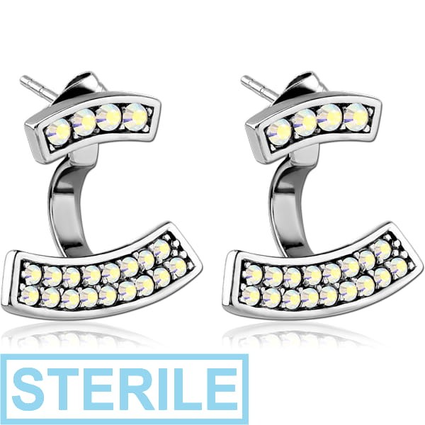 STERILE SURGICAL STEEL JEWELLED BACK EARRINGS WITH STUD PAIR