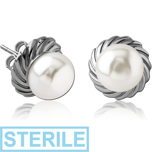 STERILE SURGICAL STEEL EAR STUDS PAIR WITH SYNTATIC PEARL - FILIGREE