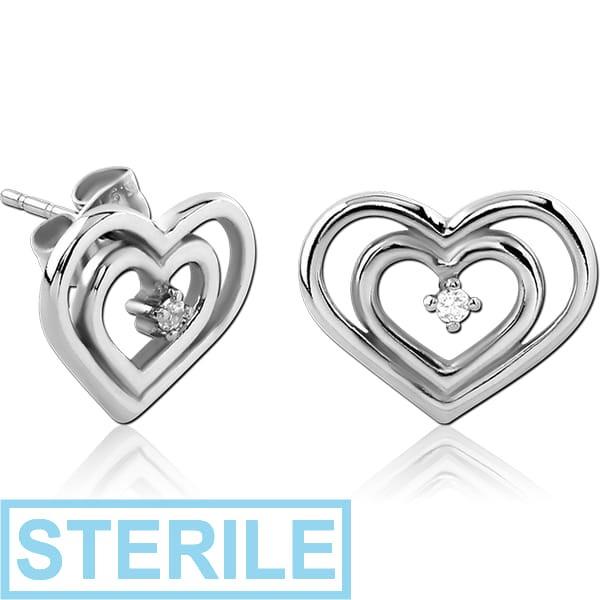 STERILE SURGICAL STEEL JEWELLED EAR STUDS PAIR - HEART