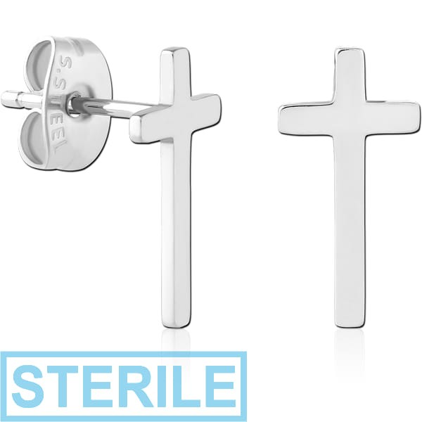 STERILE SURGICAL STEEL EAR STUDS PAIR - CROSS