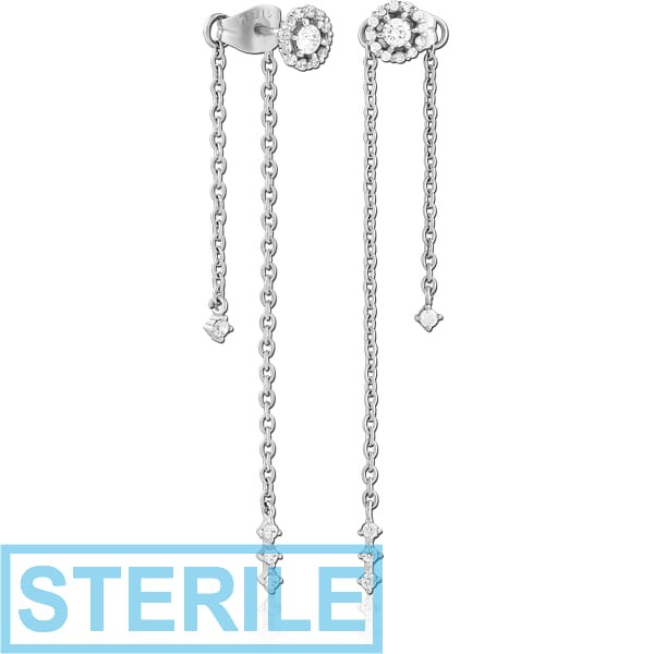 STERILE SURGICAL STEEL JEWELLED CHAIN EAR STUDS PAIR