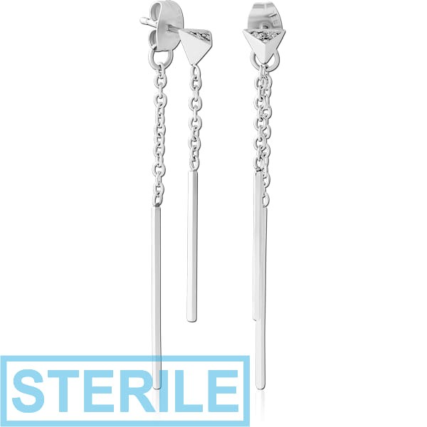 STERILE SURGICAL STEEL JEWELLED CHAIN EAR STUDS PAIR