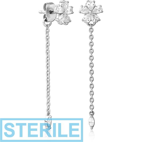 STERILE SURGICAL STEEL JEWELLED CHAIN EAR STUDS PAIR