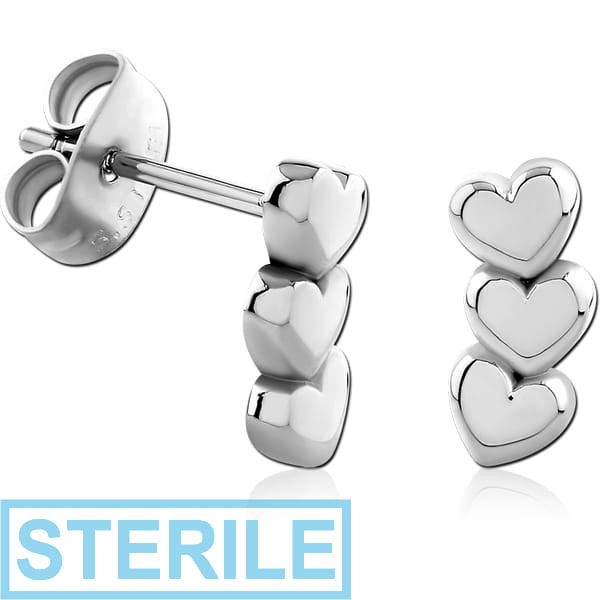 STERILE SURGICAL STEEL JEWELLED EAR STUDS PAIR - HEART
