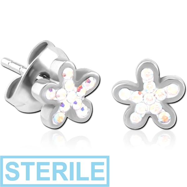 STERILE SURGICAL STEEL CRYSTALINE JEWELLED EAR STUDS PAIR - FLOWER