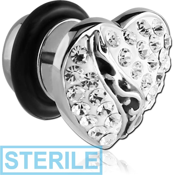 STERILE SURGICAL STEEL CRYSTALINE JEWELLED HEART FAKE PLUG