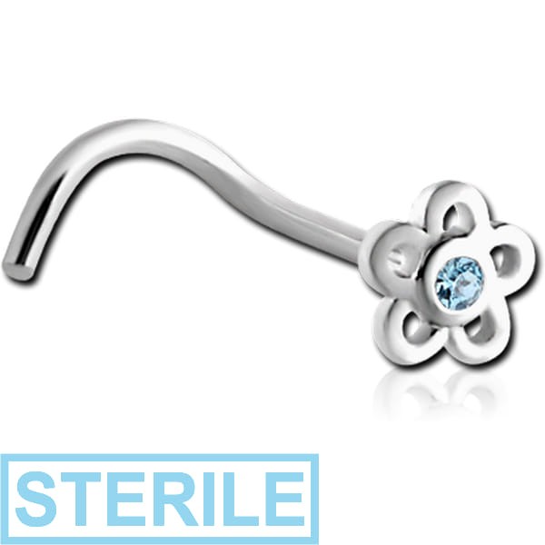 STERILE SURGICAL STEEL CURVED JEWELLED FLOWER NOSE STUD