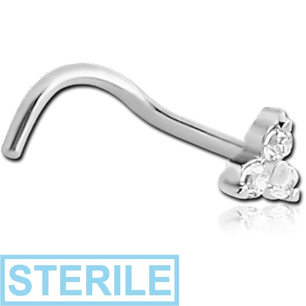 STERILE SURGICAL STEEL CURVED PRONG SET JEWELLED TRINITY NOSE STUD