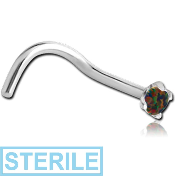 STERILE SURGICAL STEEL CURVED PRONG SET 2MM JEWELLED NOSE STUD WITH SYNTHETIC OPAL