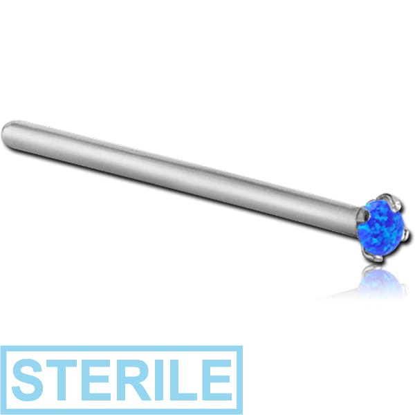 STERILE SURGICAL STEEL STRAIGHT PRONG SET 2 MM JEWELLED NOSE STUD WITH SYNTHETIC OPAL