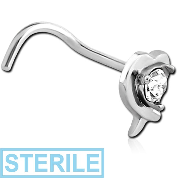 STERILE SURGICAL STEEL CURVED JEWELLED NOSE STUD - HEART