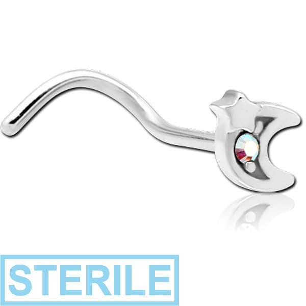 STERILE SURGICAL STEEL CURVED JEWELLED NOSE STUD - CRESCENT AND STAR