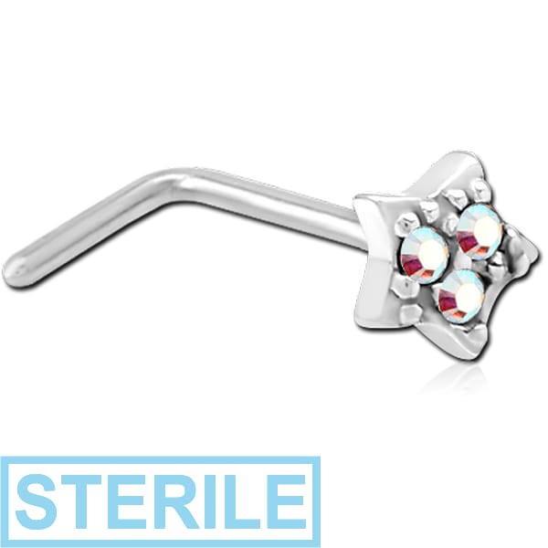 STERILE SURGICAL STEEL 90 DEGREE JEWELLED NOSE STUD - STAR