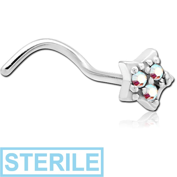 STERILE SURGICAL STEEL CURVED JEWELLED NOSE STUD - STAR