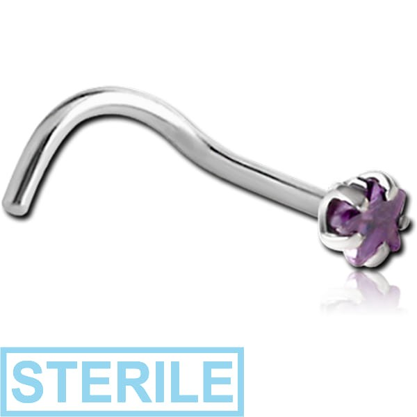 STERILE SURGICAL STEEL CURVED PRONG SET STAR JEWELLED NOSE STUD