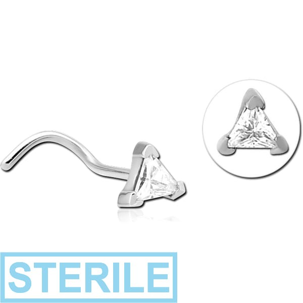 STERILE SURGICAL STEEL CURVED JEWELLED NOSE STUD - TRIANGLE