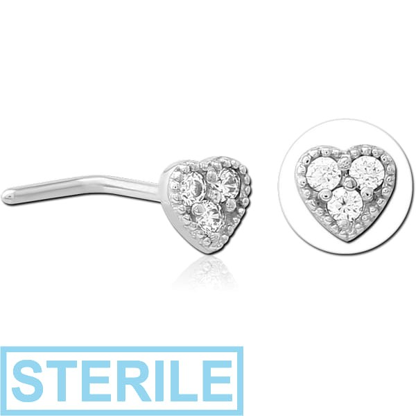 STERILE SURGICAL STEEL 90 DEGREE JEWELLED NOSE STUD - HEART