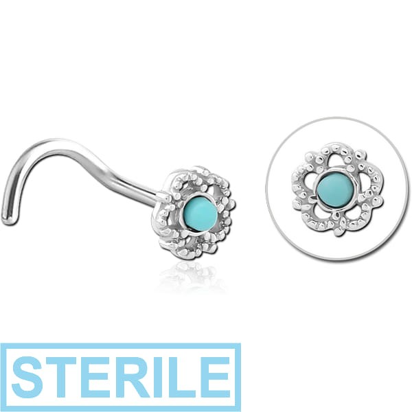 STERILE SURGICAL STEEL CURVED JEWELLED NOSE STUD - FLOWER