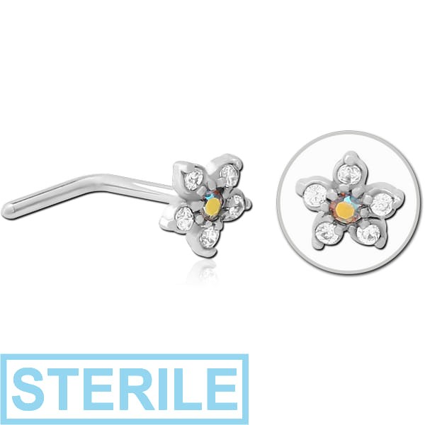 STERILE SURGICAL STEEL 90 DEGREE JEWELLED NOSE STUD - FLOWER