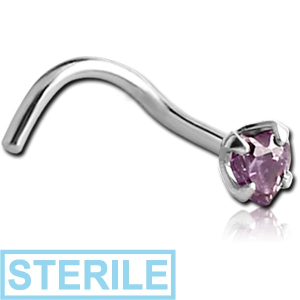 STERILE SURGICAL STEEL CURVED PRONG SET HEART JEWELLED NOSE STUD